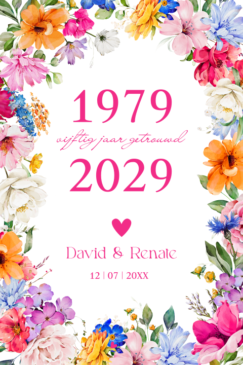 Uitnodiging jubileum huwelijk kleurrijke bloemenkrans 50 jaar getrouwd
