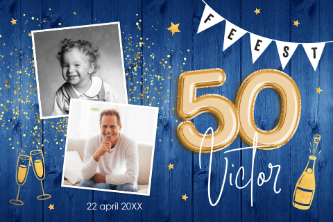 Uitnodiging verjaardag 50 jaar met foto blauw man feest ballonnen