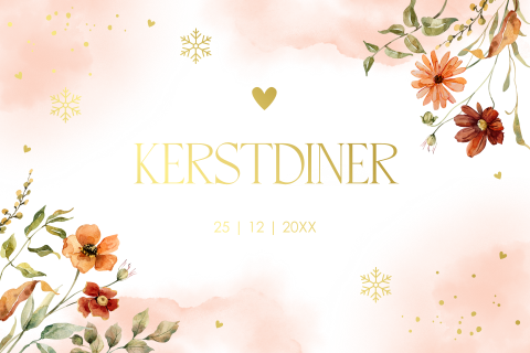 Kerstdiner uitnodiging bloemen watercolour peach goudfolie