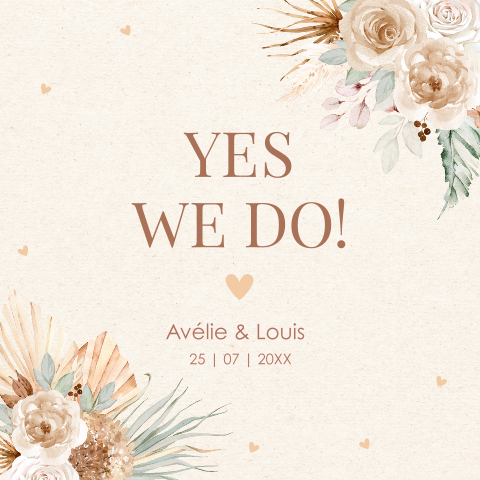 Trouwkaart bohemian aquarel bloemen beige