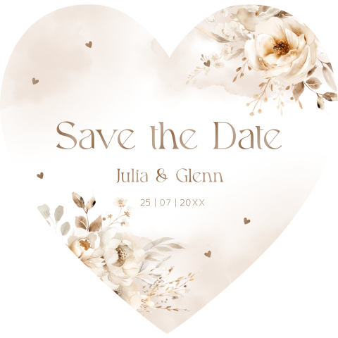 Save the Date kaart hartje beige bloemen peonies hoogglans
