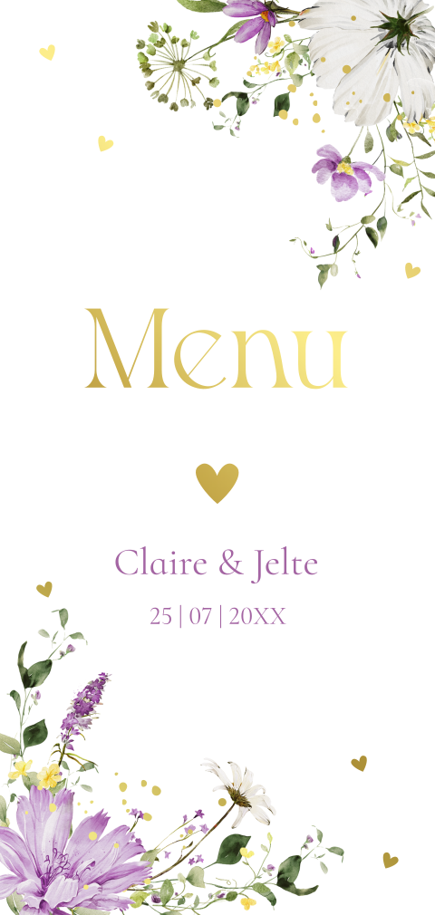 Menukaart huwelijk langwerpig bloemen paars goudfolie Twiggy