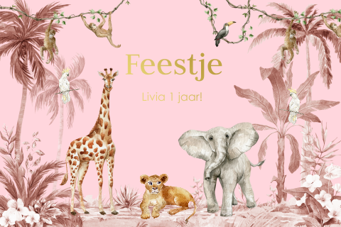 Uitnodiging kinderfeestje meisje 1 jaar roze jungle dieren goudfolie