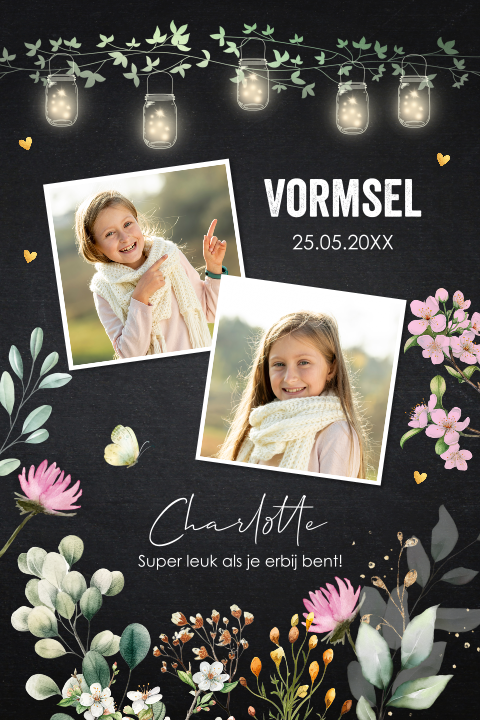 Vormsel uitnodiging meisje foto bloemen lampjes zwart roze
