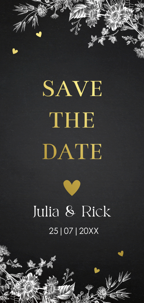 Save the Date kaart zwart goudfolie langwerpig hartje