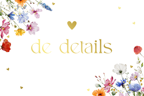 Extra informatie kaartje huwelijk wit zomerse bloemen goudfolie