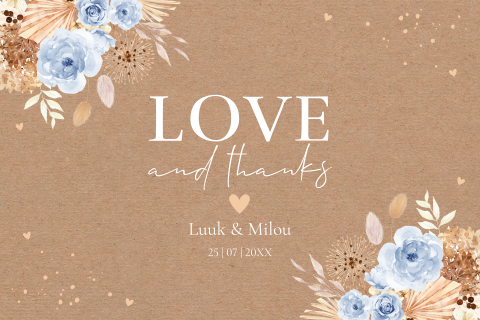 Bedankkaart huwelijk bohemian bloemen blauw kraftlook