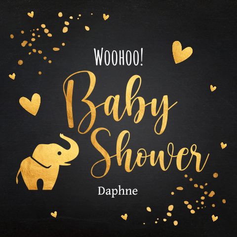Babyshower uitnodiging kaart zwart goudlook olifantje