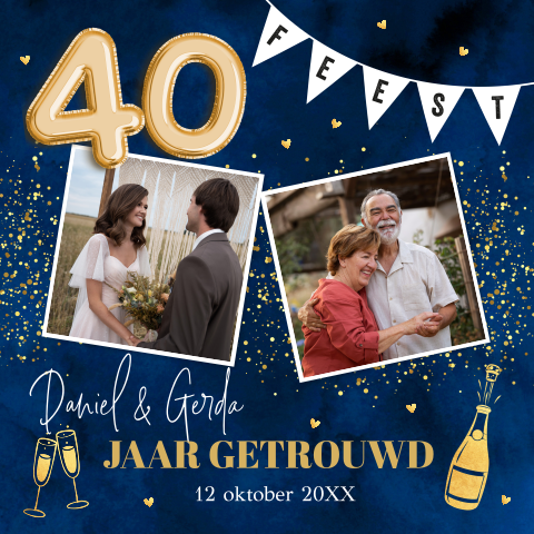 Uitnodiging jubileum huwelijk 40 jaar getrouwd blauw foto goudlook