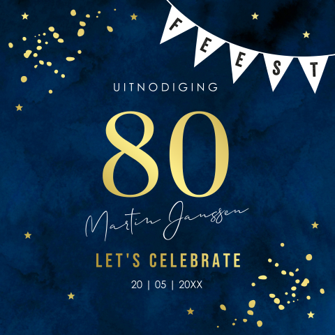 Uitnodiging verjaardag 80 jaar blauw man goudfolie slinger