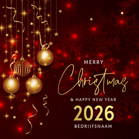 Zakelijke kerstkaart rood kerstballen 2026 goudfolie