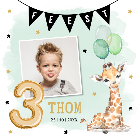 Uitnodiging kinderfeestje jongen mintgroen foto 3 jaar giraffe