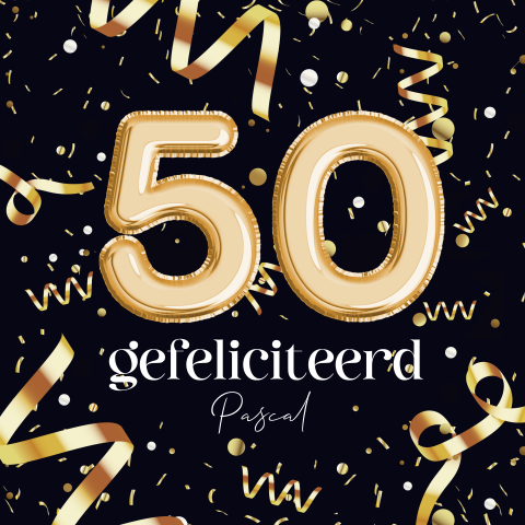 Verjaardagskaart 50 jaar ballonnen confetti slingers zwart goud