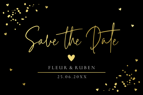 Save the Date kaart huwelijk zwart hartjes goudfolie stijlvol
