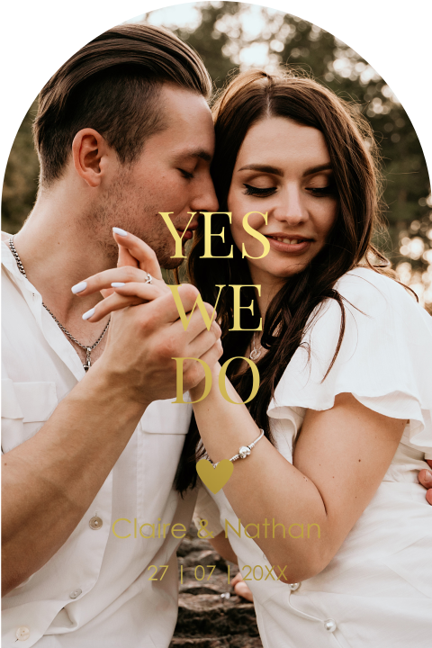 Trouwkaart met foto boog vorm goudfolie