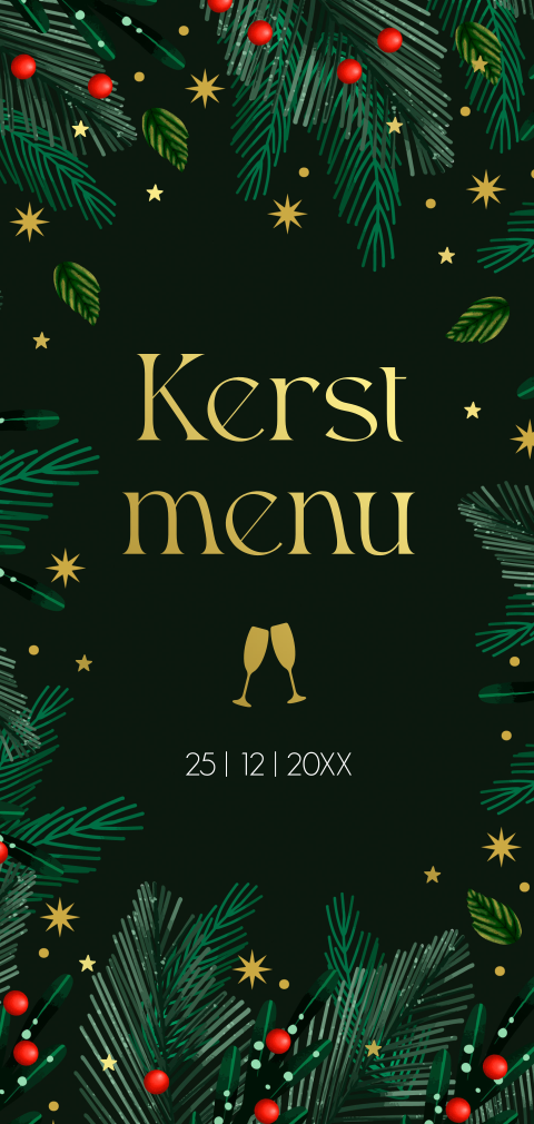 Kerstmenukaart groen kersttakjes langwerpig goudfolie
