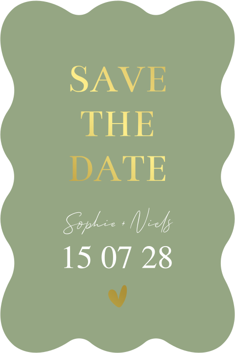 Save the Date kaart olijfgroen golvende vorm goudfolie
