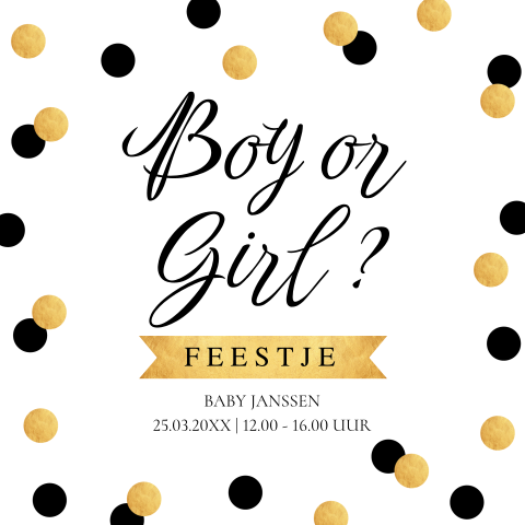 Uitnodiging gender reveal party zwart goudlook dots confetti