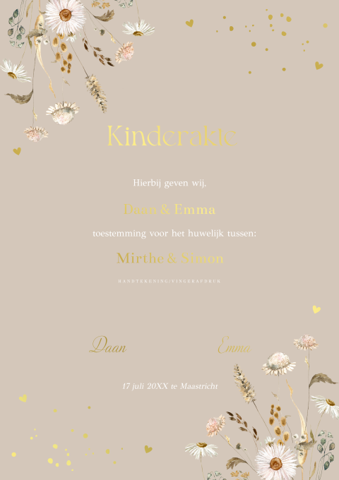 Kinderakte huwelijk veldbloemen beige goudfolie