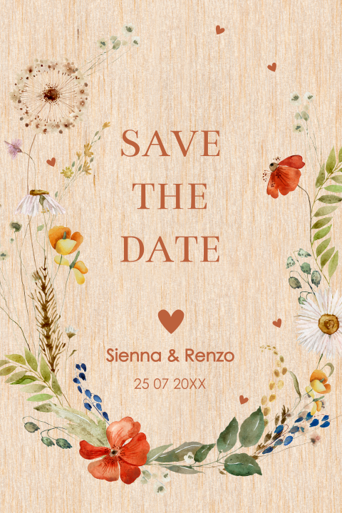 Save the Date kaart echt hout veldbloemen rood