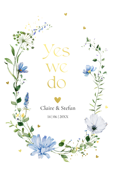 Trouwkaart veldbloemen blauw boog goudfolie