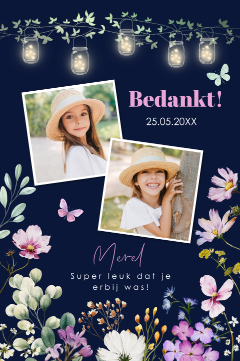 Bedankkaart communie meisje foto bloemen lampjes donkerblauw roze