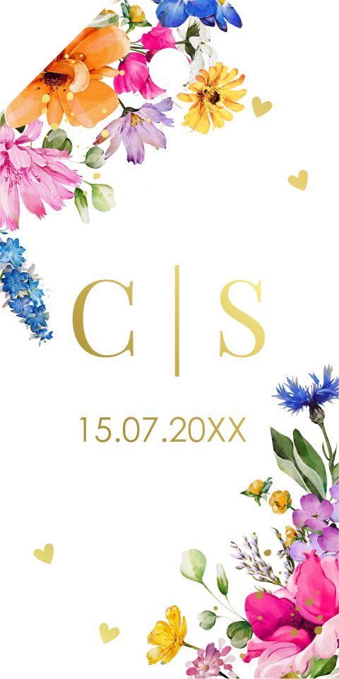 Bruiloft labeltje fleurige bloemen goudfolie