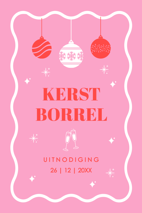 Kerstborrel uitnodiging roze rood kerstballen golvend kader