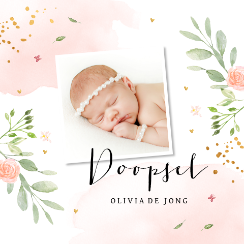 Doopkaart meisje bladeren groen roze foto