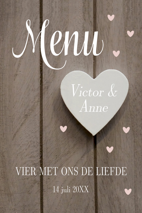 Menukaart huwelijk houtprint bruin hartjes