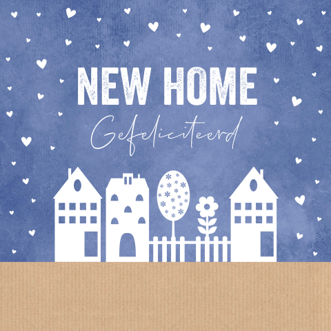 Felicitatie kaart nieuwe woning huisjes blauw hartjes