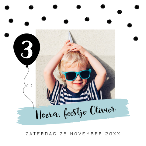 Uitnodiging kinderfeestje jongen 3 jaar wit foto ballon zwart stippen