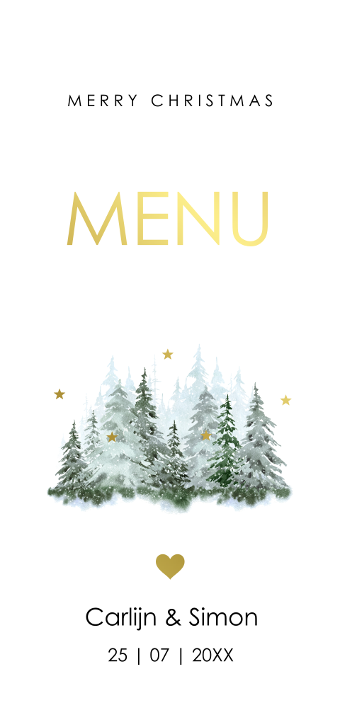 Kerstmenukaart winterlandschap bomen goudfolie