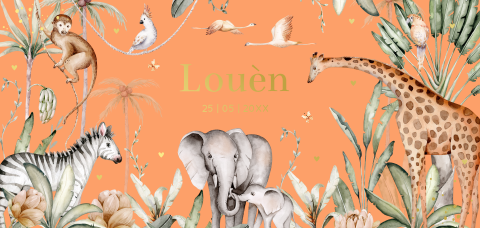 Geboortekaartje panorama jungle safari oranje goudfolie 