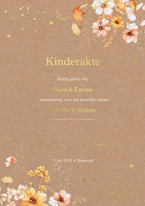Kinderakte huwelijk bloemen geel oranje goudfolie
