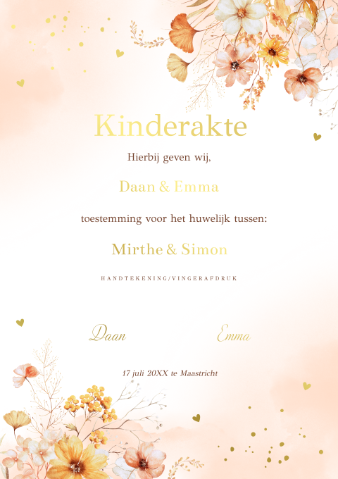 Kinderakte huwelijk bloemen geel oranje goudfolie