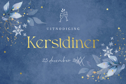 Kerstdiner uitnodiging blauw sneeuwvlokken botanisch goudfolie