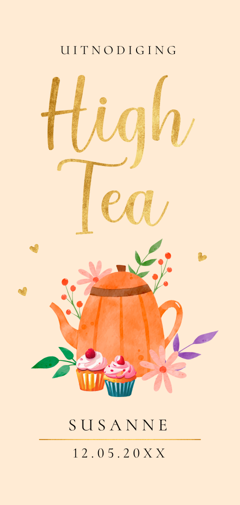 High tea party uitnodiging langwerpig theepot cupcakes goudlook