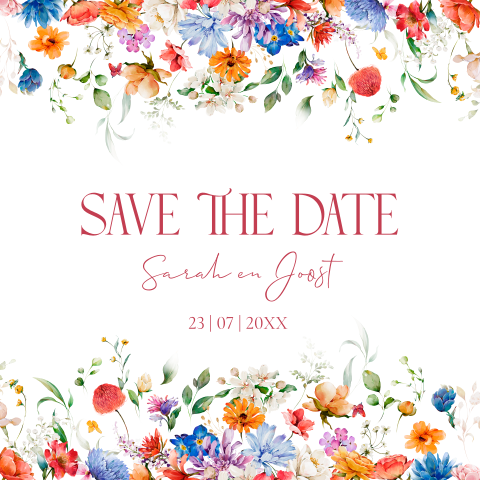 Save the Date kaart bloemen color rood blauw