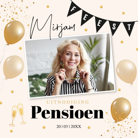 Pensioen uitnodiging wit goud eigen foto vrouw slinger ballonnen