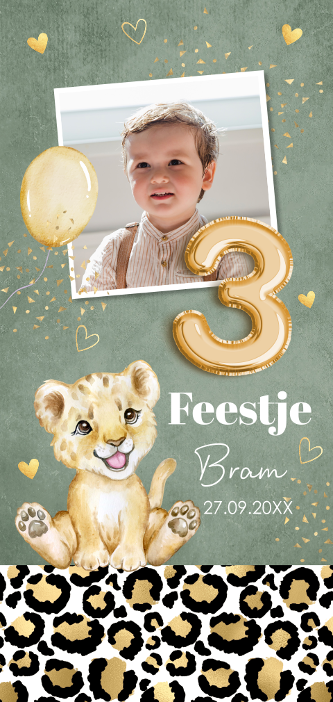 Uitnodiging kinderfeestje jongen 3 jaar foto leeuwtje ballon