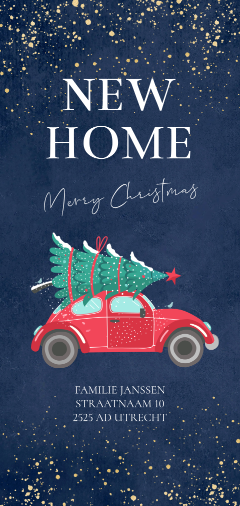 Kerst verhuiskaart langwerpig blauw met auto en kerstboom