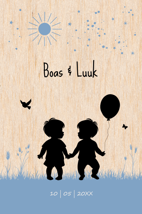 Geboortekaartje tweeling jongens silhouet op echt hout