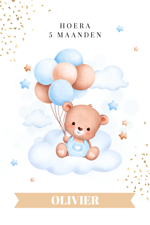Mijlpaalkaart baby eerste jaar lief beertje blauw jongen ballonnen