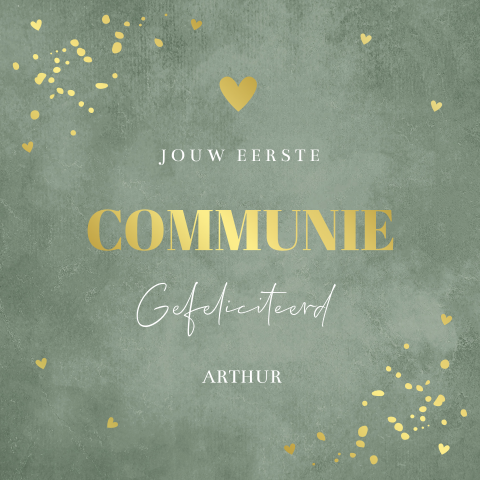 Communie felicitatie kaart jongen groen goudfolie