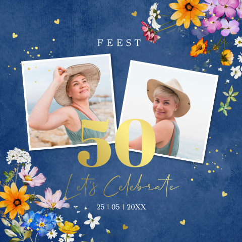Uitnodiging verjaardag 50 jaar met foto bloemen vrouw goudfolie