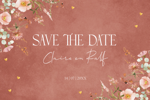 Save the Date uitnodiging terracotta roze watercolour bloemen