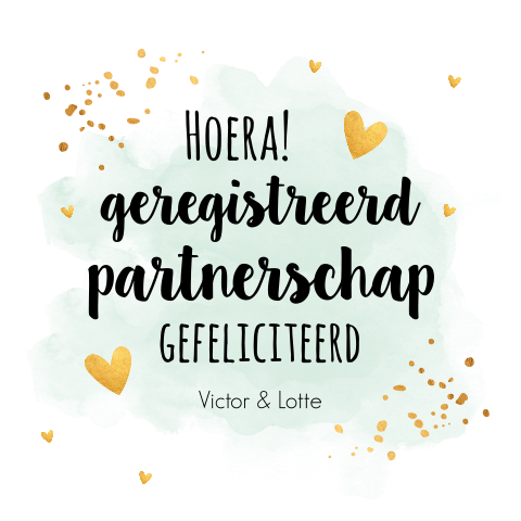 Felicitatie geregistreerd partnerschap kaart groen goudlook hartjes