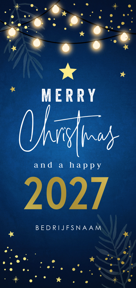 Zakelijke kerstkaart blauw 2026 lampjes goudfolie