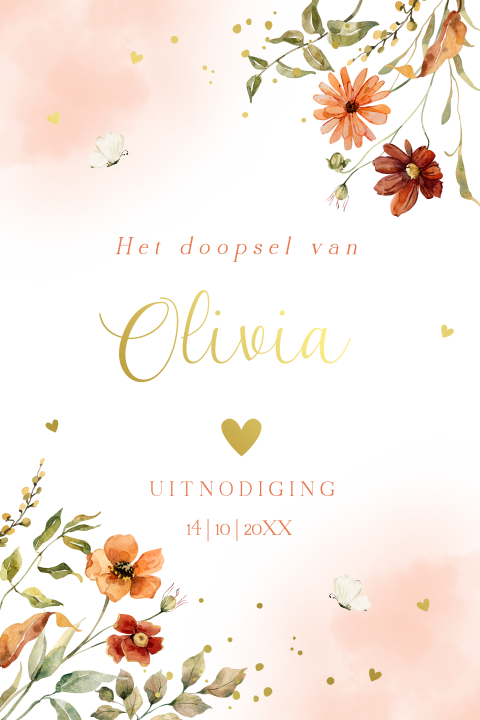 Doopkaart meisje bloemen aquarel peach oranje goudfolie
